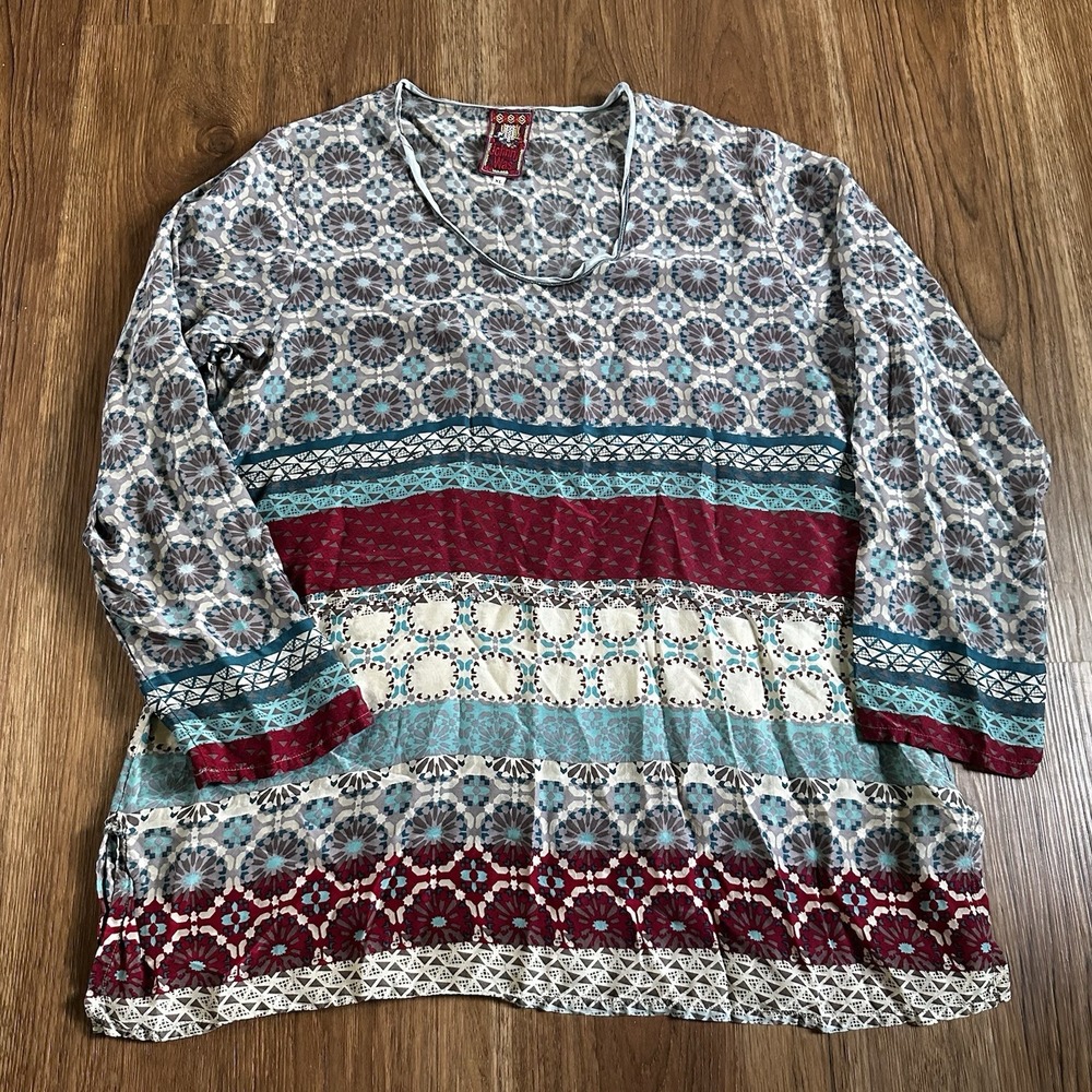 Johnny Was Floral Tee Tunic Long Sleeve Multicolored Stretch Silky Cupra Rayon